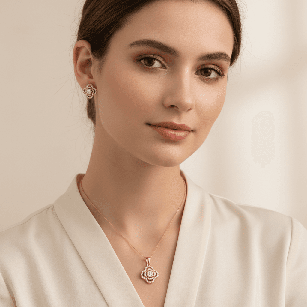 Clover Charm 10K Gold Earring and Pendant Set