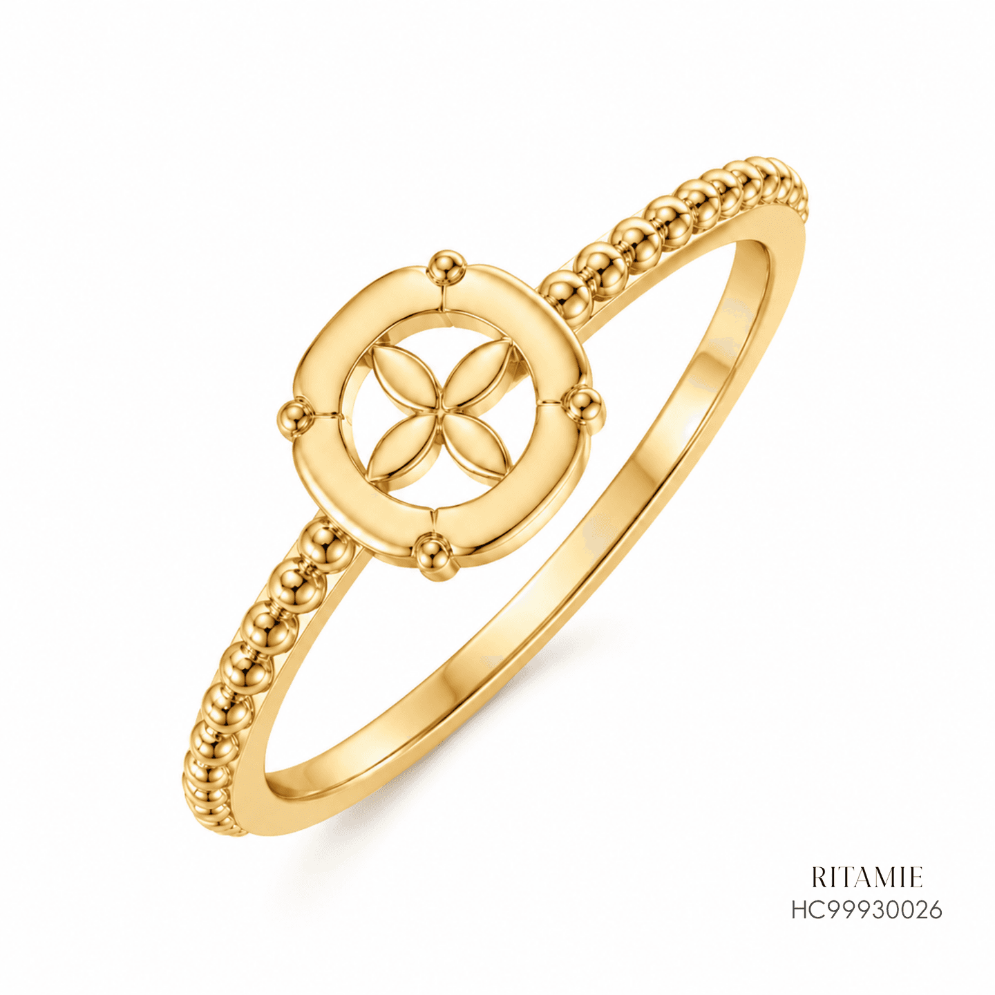 Yellow Gold Beaded Four-Petal Fortune Ring