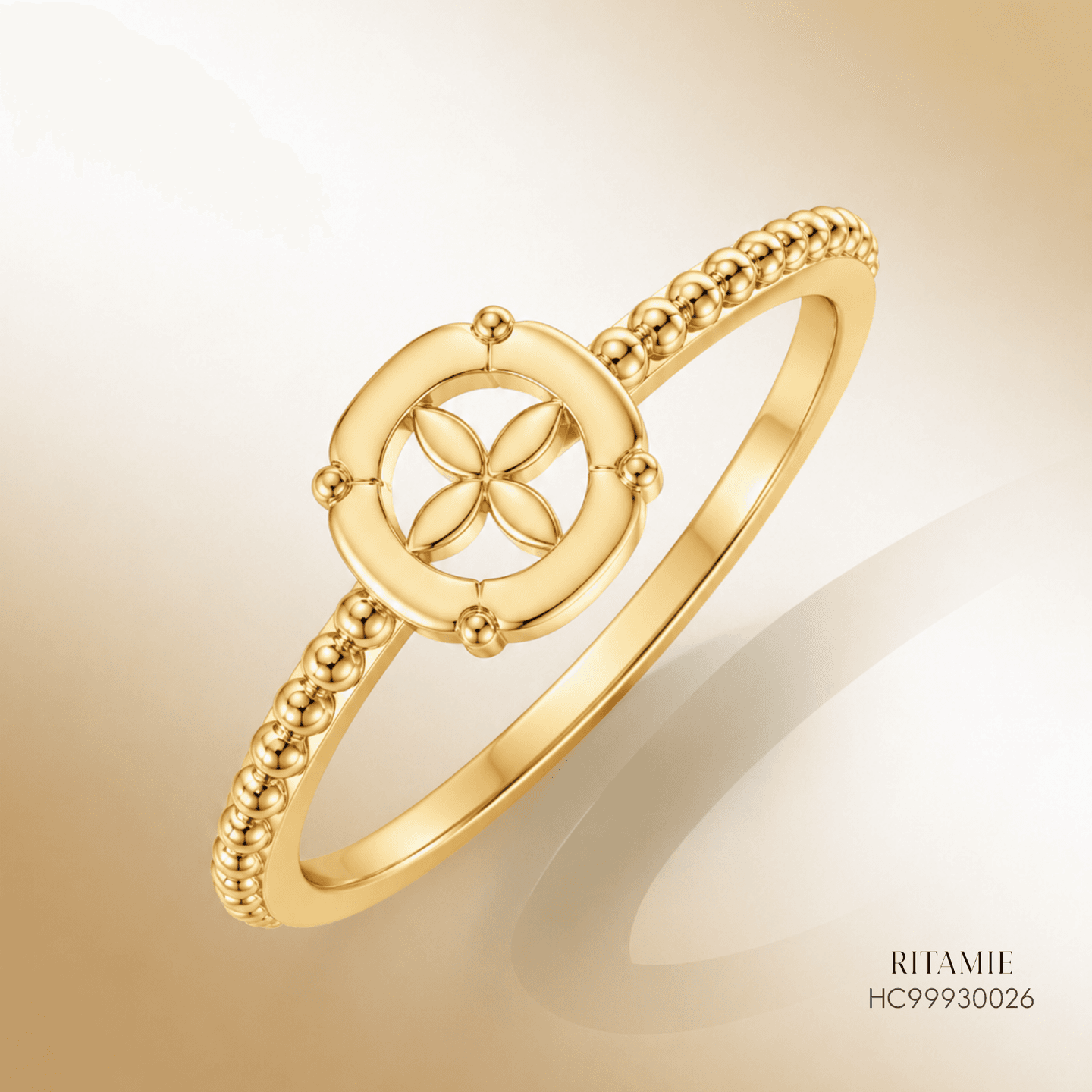 Yellow Gold Beaded Four-Petal Fortune Ring