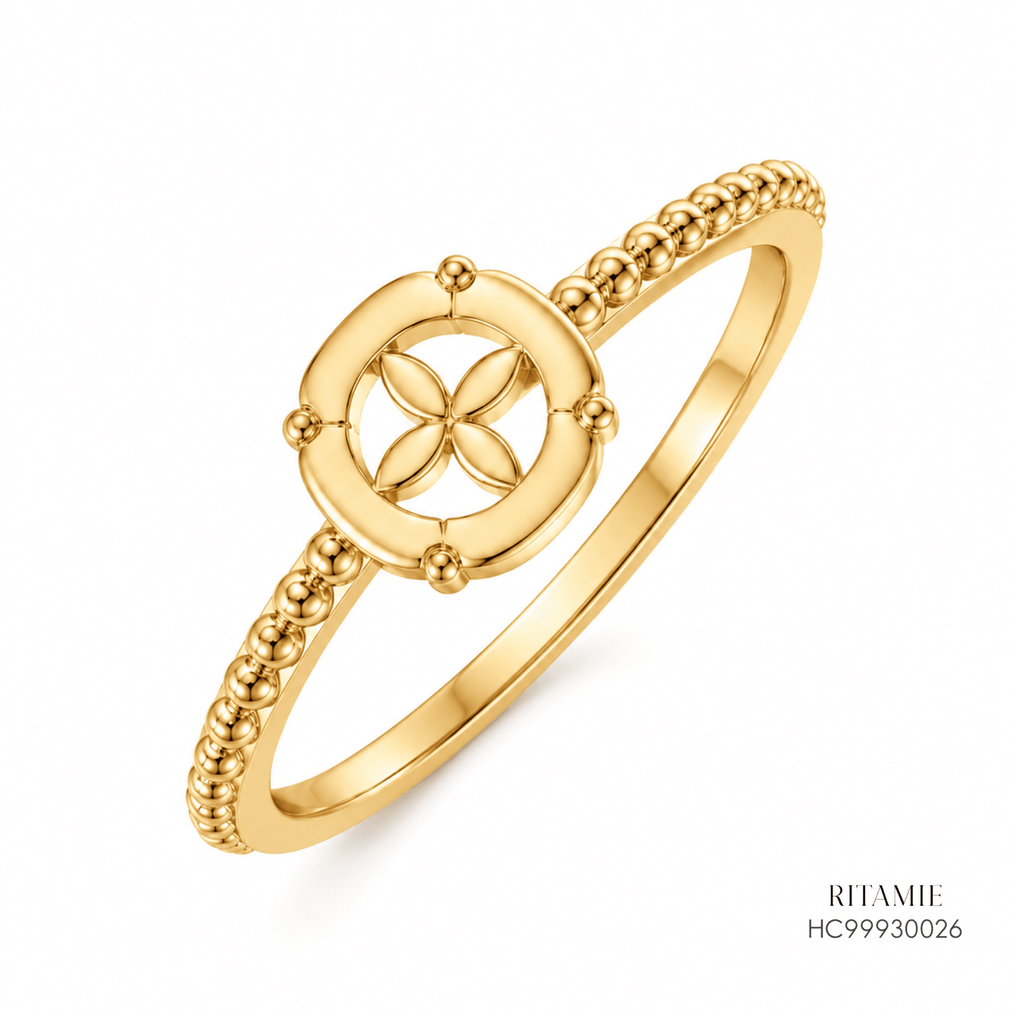 Yellow Gold Beaded Four-Petal Fortune Ring